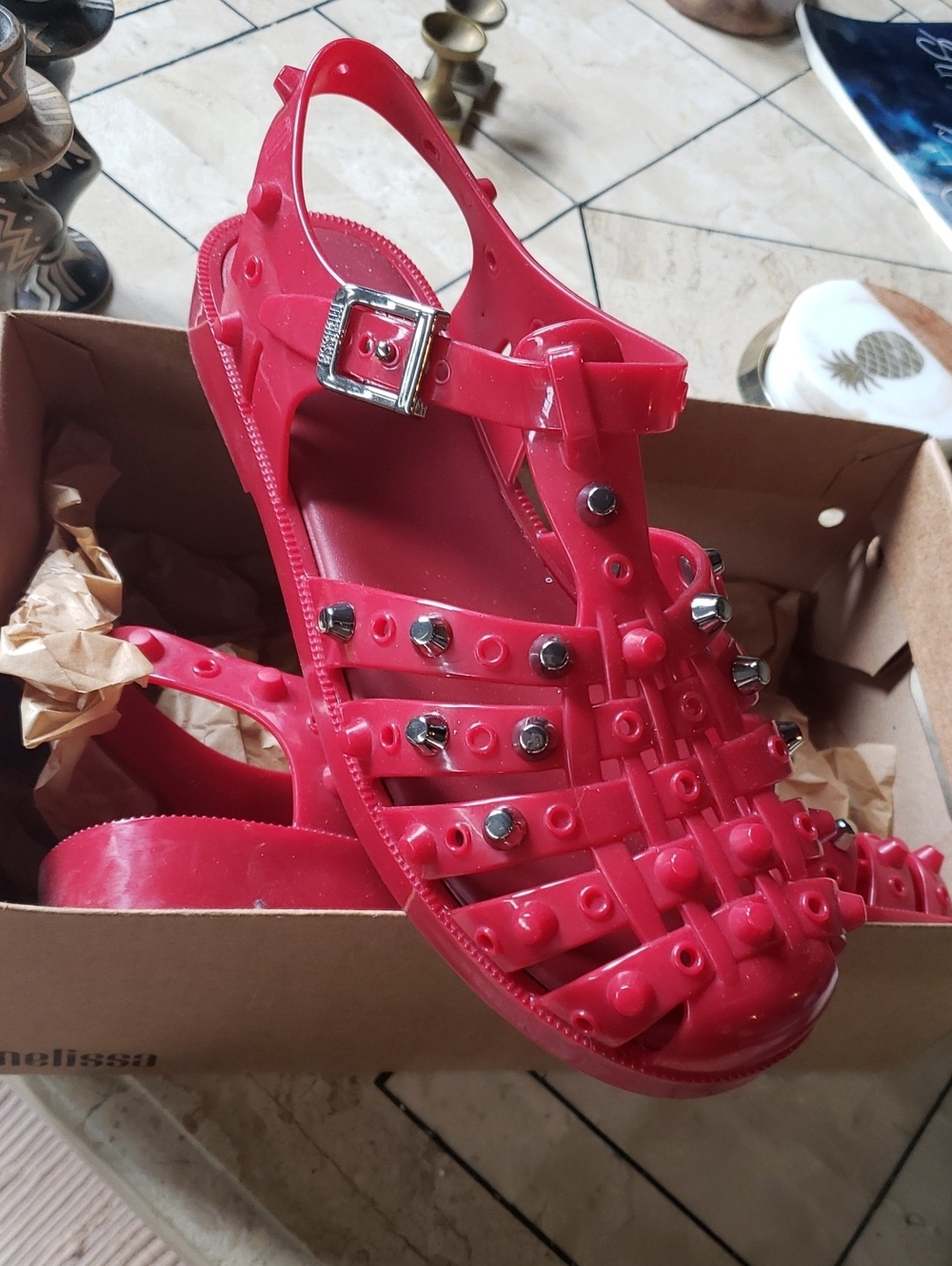Melissa Red Jelly Gladiator Sandals with Stud Details - Women